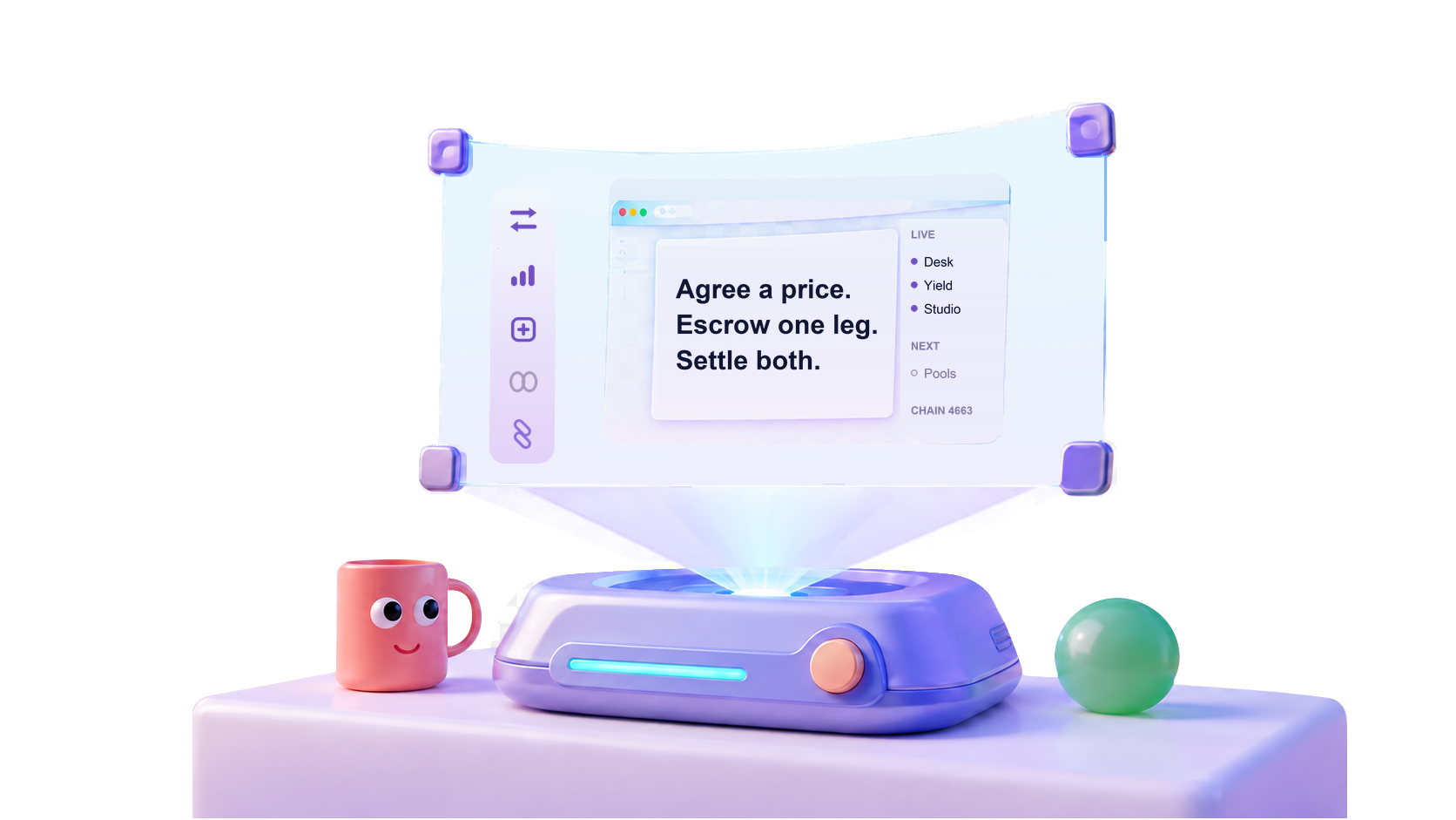 A holographic desk projector: agree a price, escrow one leg, settle both